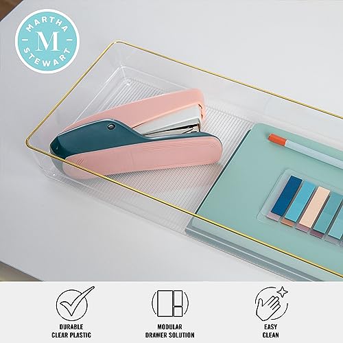 Image of Martha Stewart Kerry Plastic Stackable Office Desk Drawer Organizers, 15 inch x 6 inch, 2 Pack, with Gold Trim