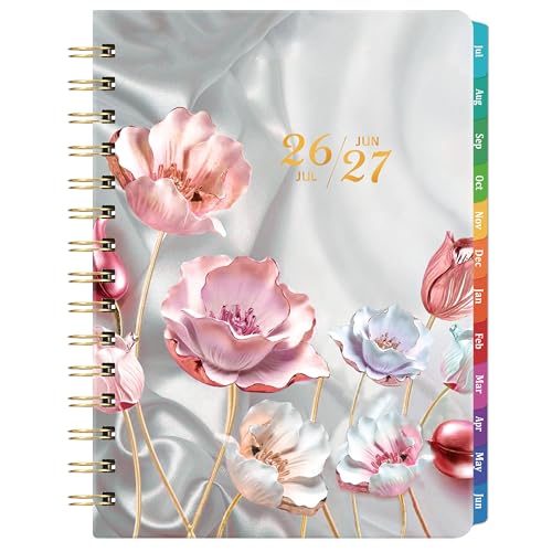 Bushypushy Planner 2026-2027 - Acdemic Planner 2026-2027 with Tabs, Jul. 2026 - Jun. 2027, 26-27 Calendar planner, Weekly and Monthly planner, 6.3' x 8.4', Back Pocket + Thick Paper - Pink Flower