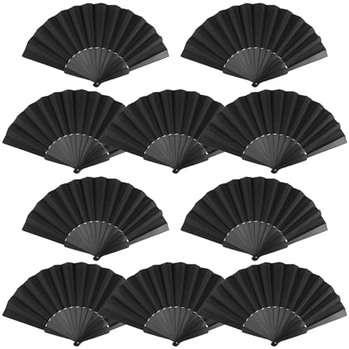 YUENPUN Lot de 10 éventails Pliables en Tissu Noir pour Usage Quotidien, décoration d'intérieur, fête, Bricolage, créativité et Spectacles de Danse - 42...