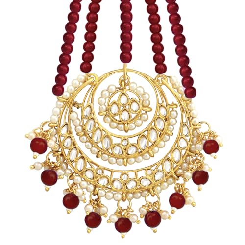 Image of Peora Gold-Plated Kundan Pearl Studded & Beaded Passa /Matha Patti Jewellery for Women & Girls