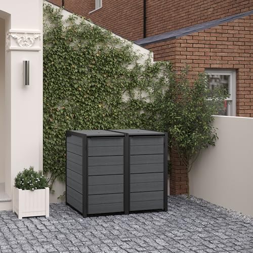 Keter Mülltonnenbox Hide Away | 480 Liter, flexibel erweiterbar | Stahlrahmen | mit Gasdruckfedern | Anthrazit | naturgetreue Holzoptik | wetterfest & wartungsfrei | belüftet