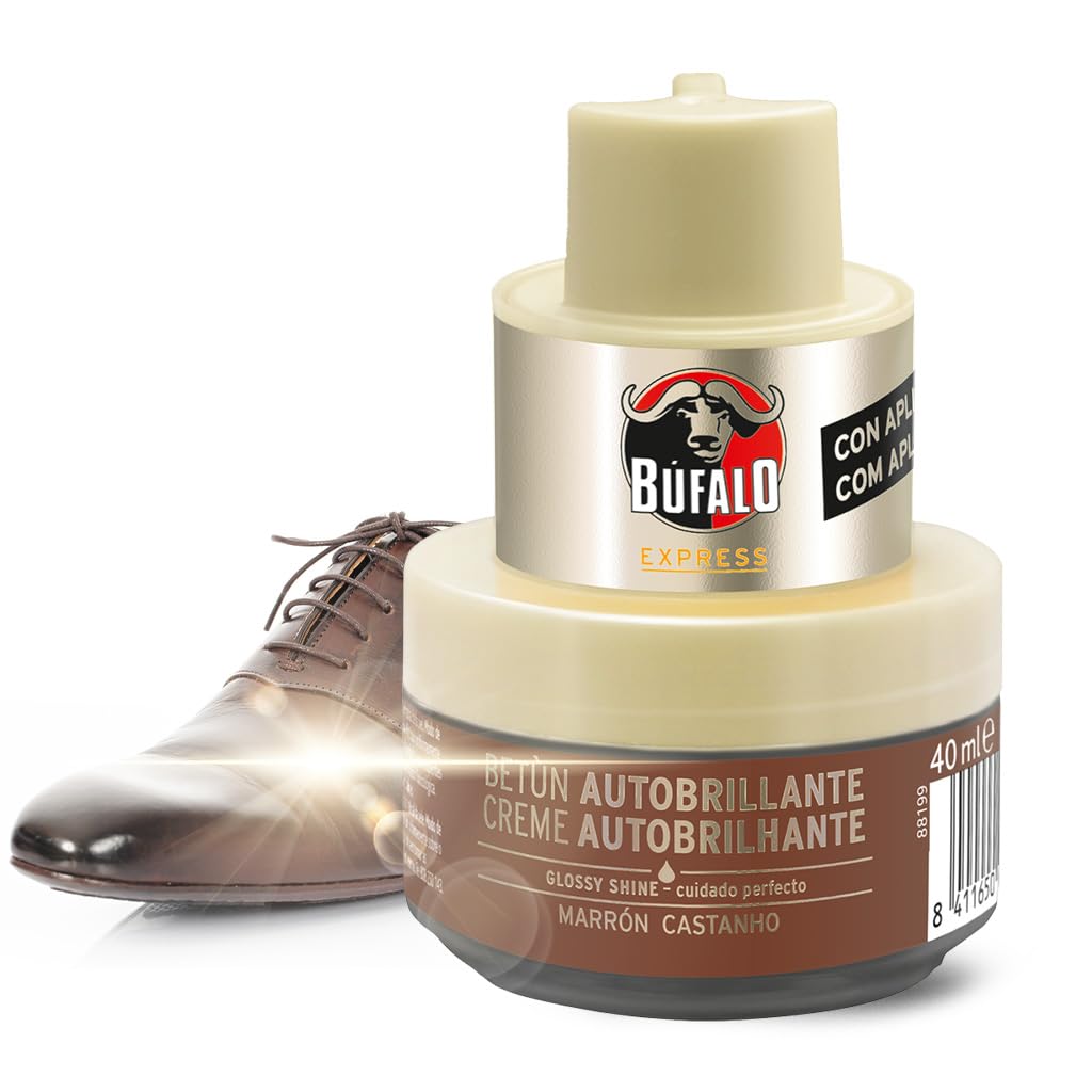 Búfalo Express - Betún en Crema Autobrillante Color Marrón, Cuidado del Calzado y Color, Brillo Satinado Superior, Esponja Integrada - Tarro de 40ml