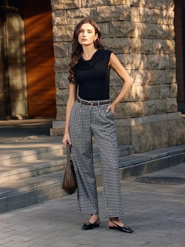 Vinova Womens Wide Straight Leg Pants Summer Plaid Pleated High Waisted Casual Work Pants3