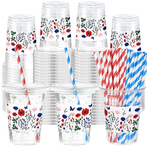 Sliner 50 Sets 4th of July Plastic Disposable Cups 16 oz Clear Red Blue White Wildflowers Drinking Cups with Lids and Paper Straws for Patriotic 250th Anniversary Remembrance Party Supplies