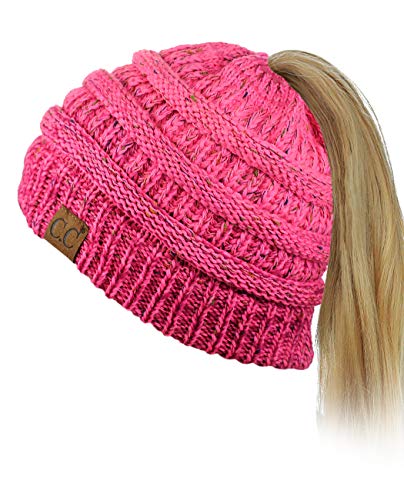 C.CBeanieTail Soft Stretch Cable Knit Messy High Bun Ponytail Beanie Hat