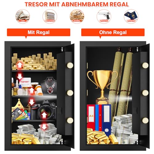 85L Großer Feuerfester Tresor mit Feuerfeste Dokumententasche, Digitaler Heimtresor mit Herausnehmbarem Regal, Möbeltresor Dokumente Gold Schmuck Wertsachen