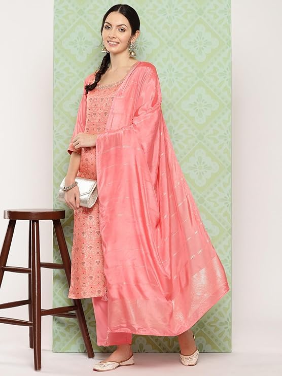 Image of Libas Womens Woven Design Silk Blend Straight Kurta with Trousers and Dupatta