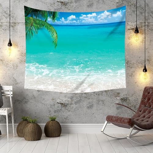 Tenture murale polyester bleu vert paysage tropical feuilles de palmier