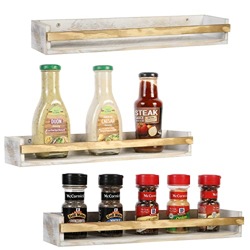 Mygift Set Of 3 Whitewashed Wood Wall Mounted Spice Rack Floating Display Shelf, Farmhouse Kitchen Condiment Jar Organizer Hanging Storage Shelves #TOP19