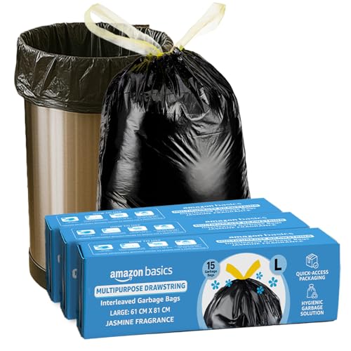 Amazon Basics Multipurpose Drawstring Garbage Bags | Large | 60 Count | 15 Bags x Pack of 4 | Heavy Duty | Jasmine Fragrance | Odour Control | No Tearing Needed