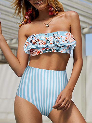 Biquíni Misassy feminino com babado bandeau e cintura alta, roupa de banho de 2 peças, Z-blue, L