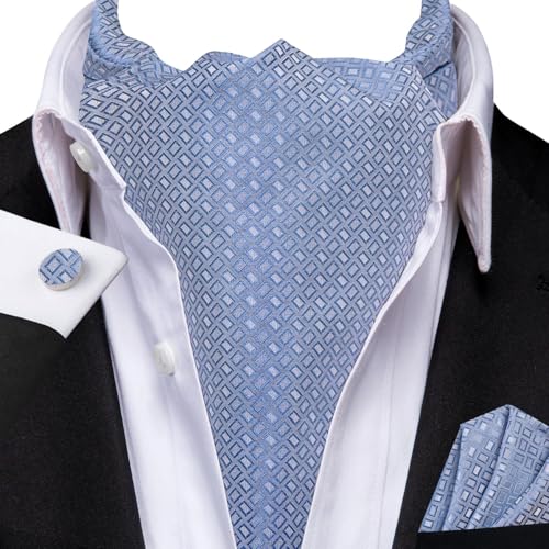 Image of Hi-Tie Silk Ascot for Men Self Tie Men's Cravat and Flower Lapel Pin Handkerchief Cufflinks Set for Wedding Party