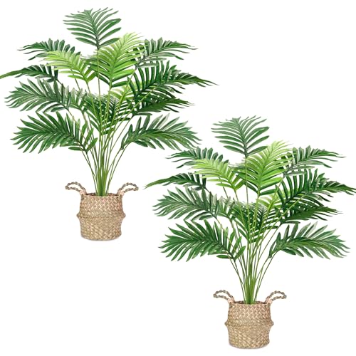 Der Rose 2Pcs Fake Palm Tree 28Inch Large Fake Potted Faux Areca Palm Plant with Hand-Woven Baskets...
