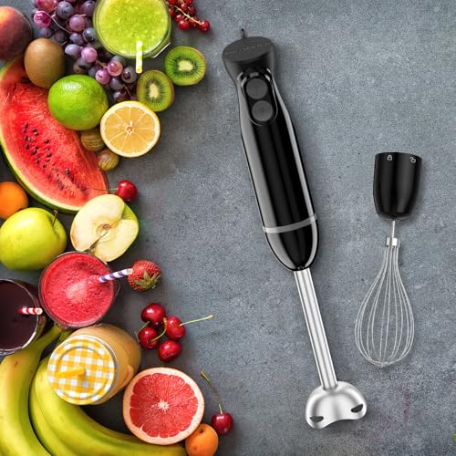 Image of Bonsenkitchen Immersion Blender Handheld, 2 Mixing Speed Hand Blender Electric with Sharp Blades, 3-In-1 Hand Held Stick Blender with Egg Whisk, 24oz Beaker for Soups, Smoothies, Sauce