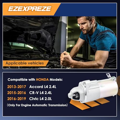 Image of Ezexpreze 10914N Starter for 2013-2017 Honda Accord 2.4,2015-2016 CR-V CRV 2.4, 2016-2019 2.0 Civic 13 14 15 16 17 18 19 Engine Automatic Transmission 31200-5A2-A51 SM-74009 SM740-09 191-711 S-80548