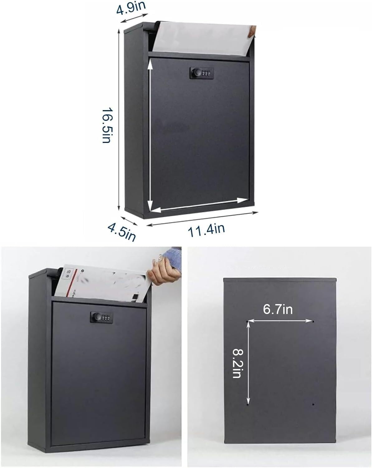 Wall Mount Mailboxes,Wall Mounted Post Box Mailboxes for Outside Wall-Mounted Mailbox with Combination Lock Large Capacity Waterproof Galvanized Steel Locking Mail Box for House and Gates