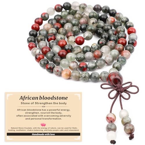 AD Beads 6mm 108 Prayer Mala African bloodstone Elastic Bracelet - Strengthen the body - Handmade Yoga Meditation Healing Power Energy Gifts for Unisex Adult.