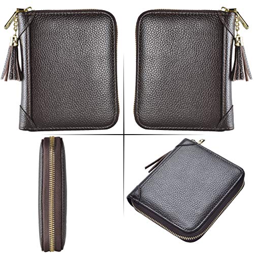 Easyoulife Womens Credit Card Holder Wallet Zip Leather Card Case RFID Blocking (Coffee)