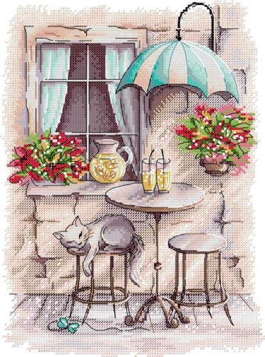 Awesocrafts Kit de punto de cruz con estampado de gato al aire libre y café, patrones fáciles, punto de cruz, bordado, kit de costura