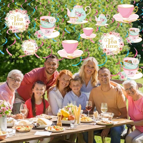 Image of Faccito 54 Pcs Tea Party Decorations Birthday Supplies - Floral Tea Party Birthday Decor Hanging Paper Swirls with Teapot Parties Time Ceiling Decoration for Spring Women Adults Bridal Wedding Favors
