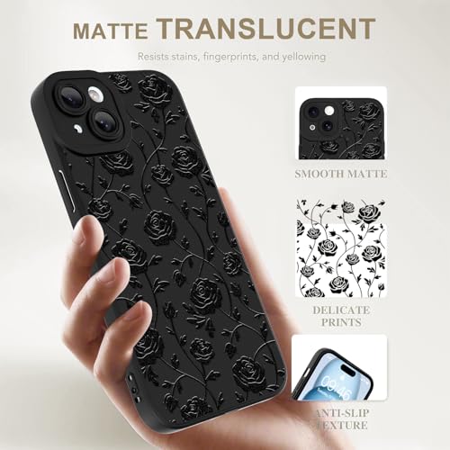 Image of Designed for iPhone 15 Case, Cute Rose Flower Floral Pattern Design, Slim Soft TPU Liquid Silicone Protective Cover for Women Girls - Black