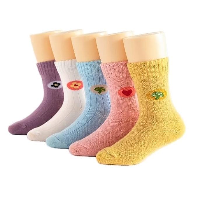 Image of Pink Socks for Girls, Calf length, Soft Pure Cotton, Lightweight & Breathable, 1 to 9 Years, Pack of 5, Designer socks, Gift Option