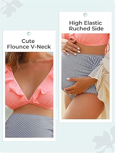 Summer Mae Maternity High Waist Swimsuit Two Piece Ruffle Bikini Bathing Suit Floral V-Neck Pregnancy Swimwear Pink White Stripe Medium #TOP1