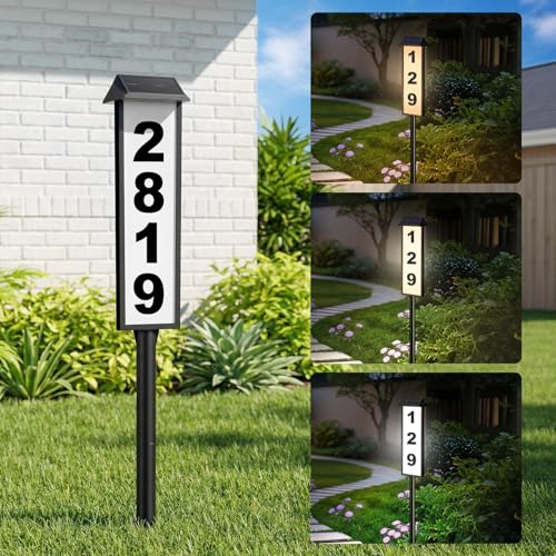 Brightever Solar Address Sign House Number for Outside Waterproof 3-Color LED Illuminated Address Plaque with Stake Solar Powered Light Up Address Numbers for Houses Yard 1-Pack