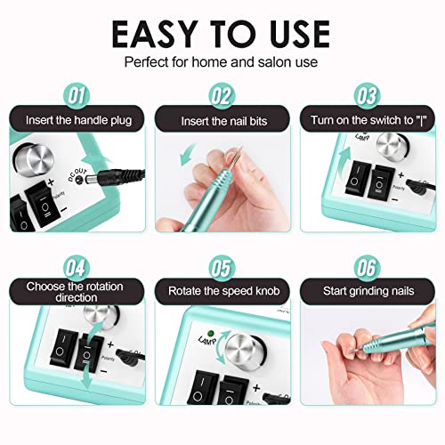 SUBAY Professional Finger Toe Nail Care Electric Nail Drill Machine Manicure Pedicure Kit Electric Nail Art File Drill with 1 Pack of Sanding Bands (Green) - Thumbnail 6