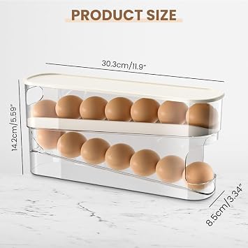 Space-Saving Rolling Egg Holder for Refrigerator, 12-Large Egg Capacity, Clear PET Dispenser with Lid, Sturdy and Durable, Easy Access, Side-door Fridge Organizer