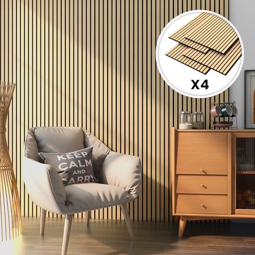 NEU.HOLZ Set de 4x Paneles de Pared 3D Vang Acústicos Revestimiento de Paredes Listones Decorativos en MDF y Fieltro 120 x 60 x 2 cm (2,88 m²) - Roble