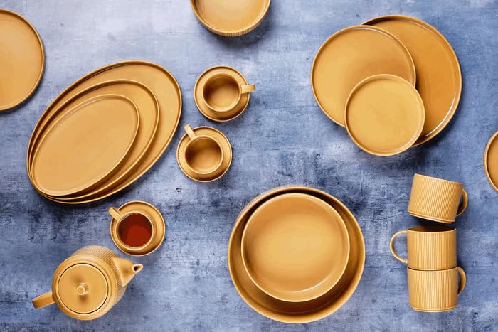 Bjorn BJ-SPSCOC26 Assiettes SCANDI en Grès Recyclé, Jaune Ocre, 21,5 cm, Set de 4, Compatible Lave-vaisselle et Micro-ondes