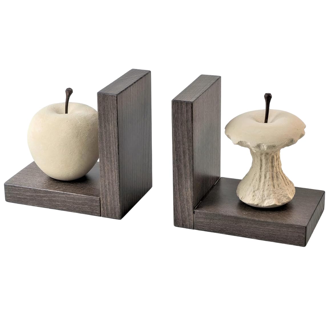 Progetto Arte. Par de sujetalibros Manzana/Manzana Mordida. Escultura de Piedra sobre Base de Madera. Objeto Hecho a Mano.Q027T+Q027M