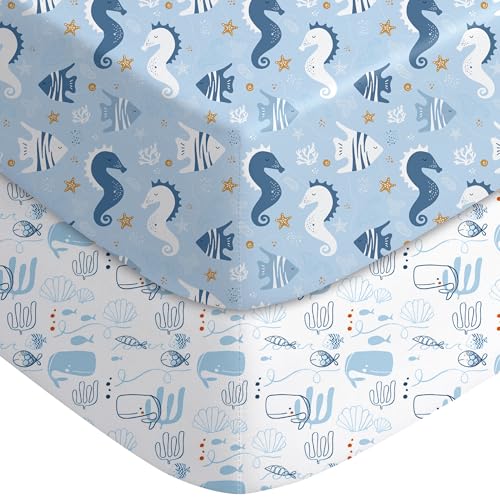 Image of Yoofoss Baby Crib Sheets for Boys Girls, Fitted Crib Sheet 2 Pack for Standard Crib and Toddler Mattress, Super Soft Microfiber Baby Sheet 28x52x8in Underwater World