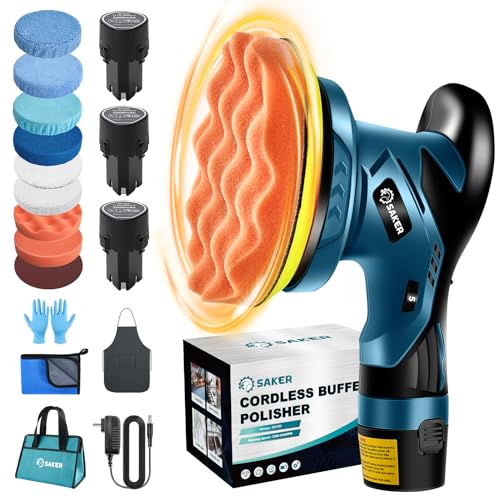 Saker Cordless Car Buffer Polisher - 6 Inch Portable Polishing Waxer Machine Kit for Car Detailing, with 3PCS 12V 2000mAh Batteries, Cloth, Bag, Gloves, Extends to 22 Attachments