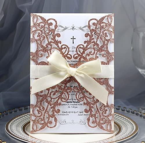 Lamsexx 50Pcs Wedding Invitation,Rose Gold Invitations,Gold Powder Floral Laser Cut With Blank Inner Sheet, Envelopes And Ribbons For Party Wedding Engagement Bridal Bridal Shower Invite (Rose Gold) #TOP4