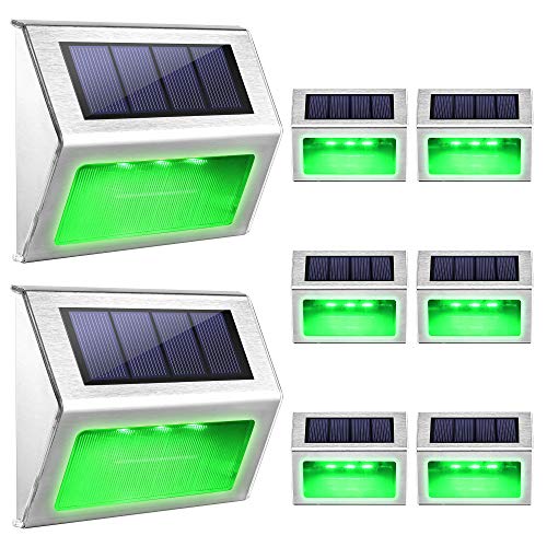 Image of Solar Step Lights 8 Pack Stainless Steel Bright Solar Powered Deck Lights Weatherproof Outdoor Lighting for Steps Stairs Decks Fences Paths Patio Pathway Green Light