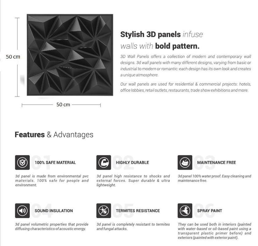 Image of 3D Wall Panels Grey Colour I Diamond Stone Design I Embossed and Paintable I Panel Size 20 inch X 20 inch I Pack of 6 Panels I Wall Covering Area 16.53 Sq.Ft. (PVC)