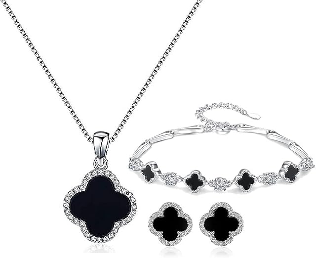 ESTART Four-Leaf Clover Jewelry Set, Sterling Sliver Black Obsidian Clover Pendant Necklace Stud Earrings Jewelry Set for Teen Girls Women with Jewelry Box