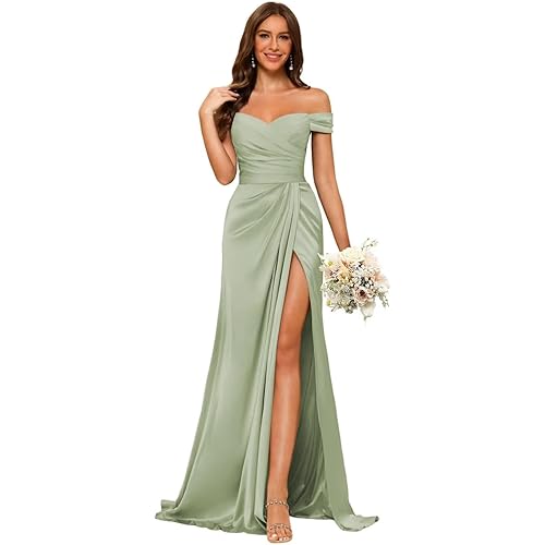 Dessiny Women's Off Shoulder Mermaid Bridesmaid Dresses 2025 with Slit Long Ruched Satin Prom Dresses DE201