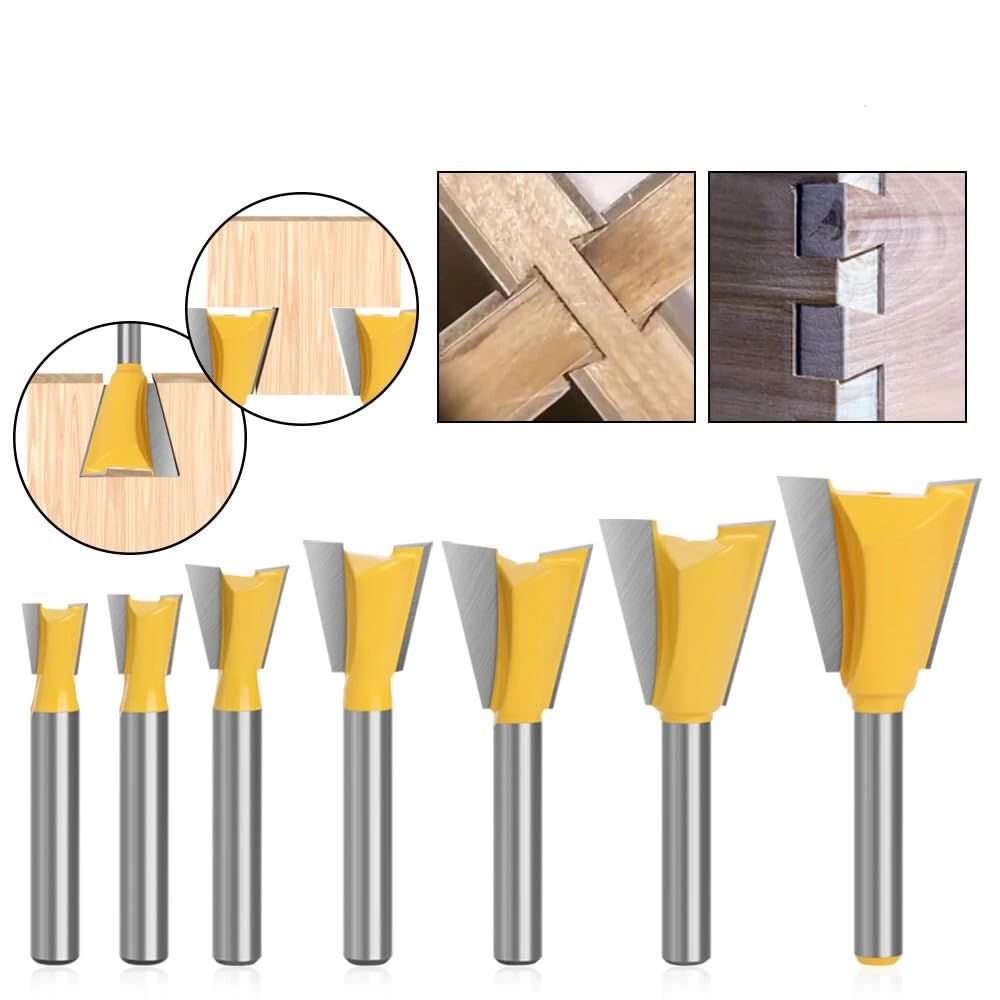 Lot de 6 fraises à défoncer à queue d'aronde 6,35 mm, 9,5 mm, 1,27 cm, 5/8", 3/4", 7/8", diamètre de coupe pour la fabrication de boîtes, tiroirs, commodes (6 mm)