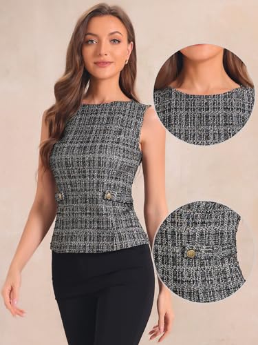 Allegra K Tweed Top for Women's Elegant Plaid Print Sleeveless Crew Neck Waist Buckle Back Zipper Blazer Vest Tops2