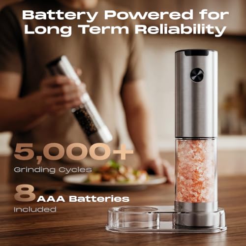 Electric Salt and Pepper Grinder Set, Battery Automatic Salt and Pepper Shaker with Adjustable Coarseness, Large Capacity Pepper Mill with LED White Elephant Gifts(Battery-Stainless Steel) - image 2