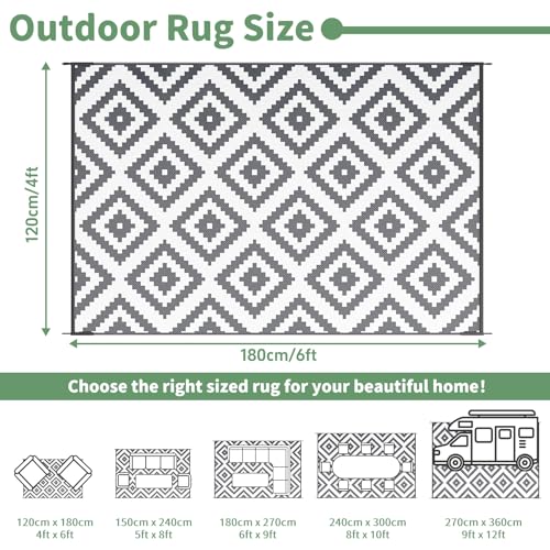 Habaylin Outdoor Teppich Wetterfest, Wendbarer Balkon Teppich 120x180 cm, Leichtgewicht Picknickdecke Vorzeltteppich für Camping Terrasse Garten, Grau