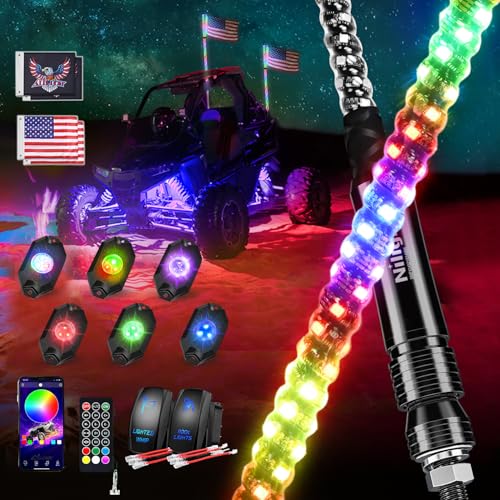 Image of Nilight 2PCS 3FT RGB LED Whip Light and 6 PCS Rock Lights Combo Remote App Control w /DIY Chasing Patterns Stop Turn Reverse Modes Safety Antenna Whips for ATV UTV Polaris RZR Can-am Dune Buggy Jeep