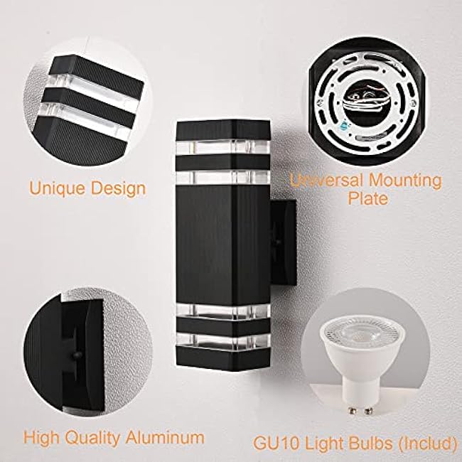 DASTOR 4 Pack Outdoor Wall Lights, Modern Exterior Lighting Fixtures Wall Mount, 2-Layer Black Outdoor Lights for House, Up and Down Lights Outdoor Sconces Wall Lighting for Porch Patio Garage