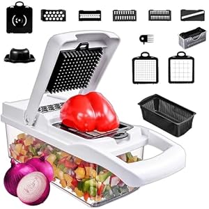 15-in-1 Vegetable Chopper – Vegetable Cutter Mandoline Vegetables Slicer – Potato Chipper – Onion Salad Choppers Manual, Vegetables Choppers & Dicer with Food Container, Multifunctional Kitchen Tools