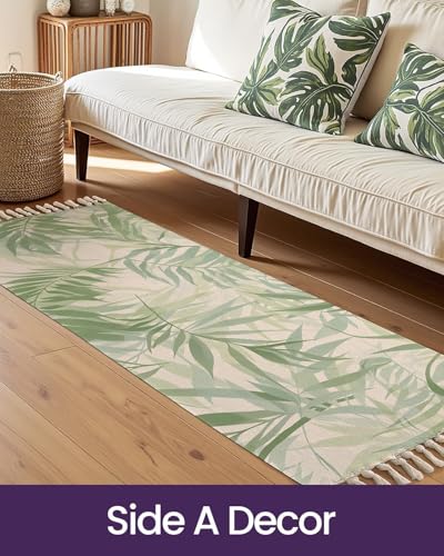 Image of SAGON 2x5 Ft Printed Runner Carpet - Cotton Bedside Rug for Bedroom & Living Room (Green Palm Leaf)