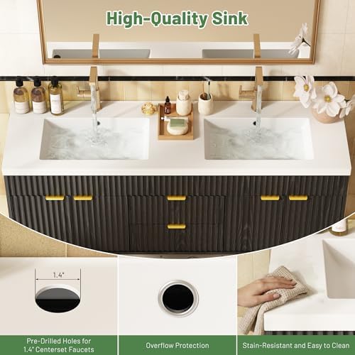 CARPETNAL 60 Inch Bathroom Vanity with Sink, Modern Fluted Large Double Sink Bathroom Vanity with Sink with 2 Storage Cabinets, Adjustable Shelf and 2 Drawers, Black - 4