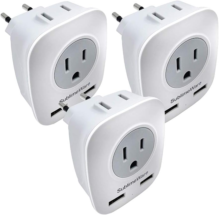 European Power Adapter (3 Pack) - w/ 2 USB Ports & 2 AC Outlets - USA to EU Outlet Plug - US to Europe Plug Adapter - Electrical Charger Travel Adapters for Europe - for Type F, E, C Charging